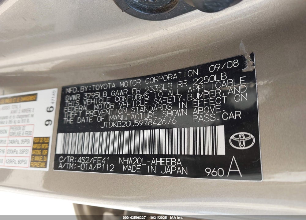 2009 TOYOTA PRIUS TOURING VIN: JTDKB20U597842676