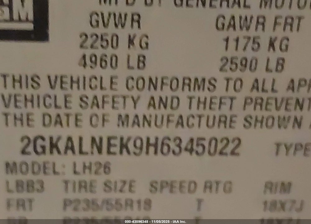 2017 GMC TERRAIN SLE-2 VIN: 2GKALNEK9H6345022