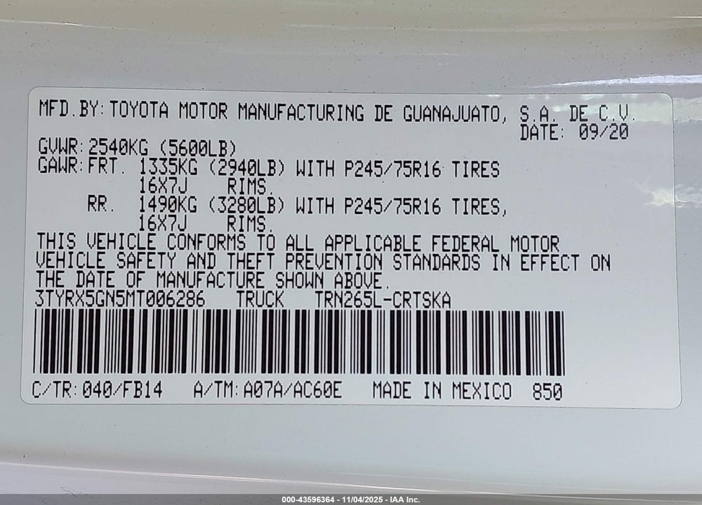 2021 TOYOTA TACOMA VIN: 3TYRX5GN5MT006286
