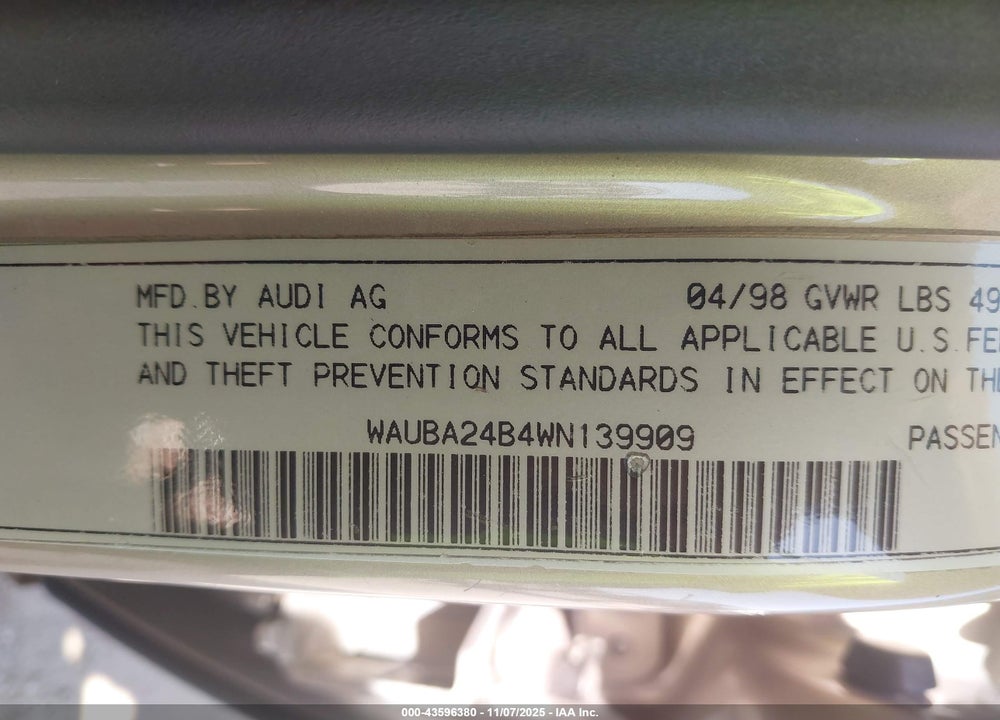 1998 AUDI A6 VIN: WAUBA24B4WN139909