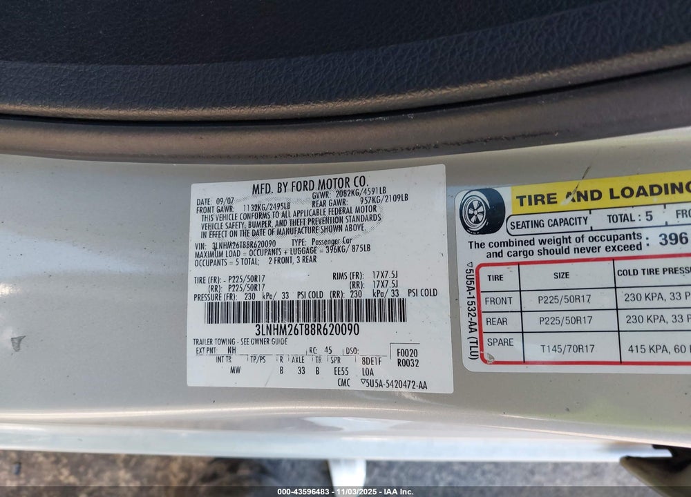 2008 LINCOLN MKZ VIN: 3LNHM26T88R620090