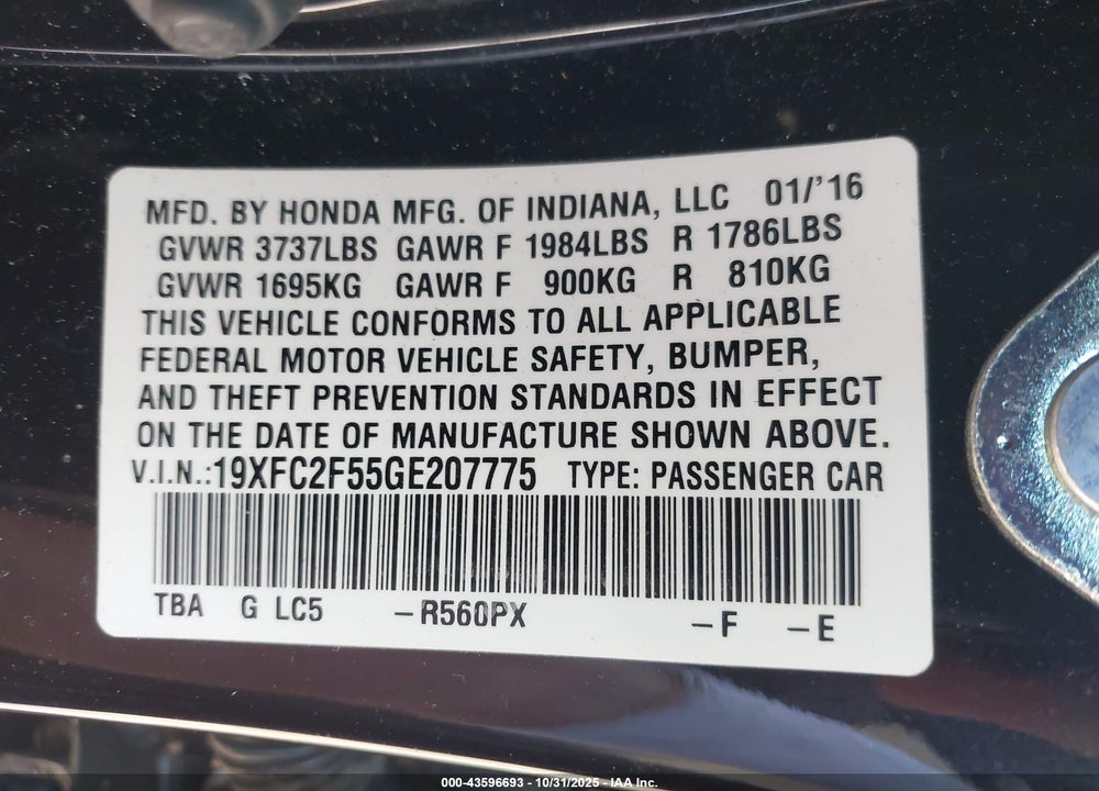 2016 HONDA CIVIC VIN: 19XFC2F55GE207775