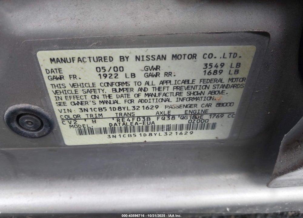 2000 NISSAN SENTRA GXE/XE VIN: 3N1CB51D8YL321629