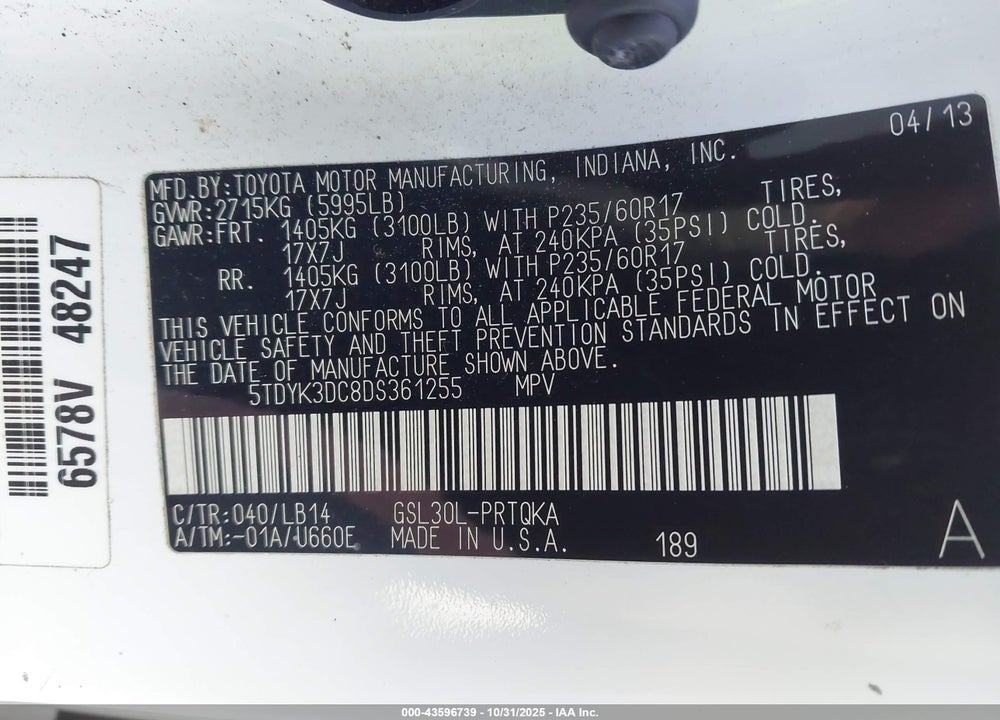 2013 TOYOTA SIENNA XLE V6 8 PASSENGER VIN: 5TDYK3DC8DS361255