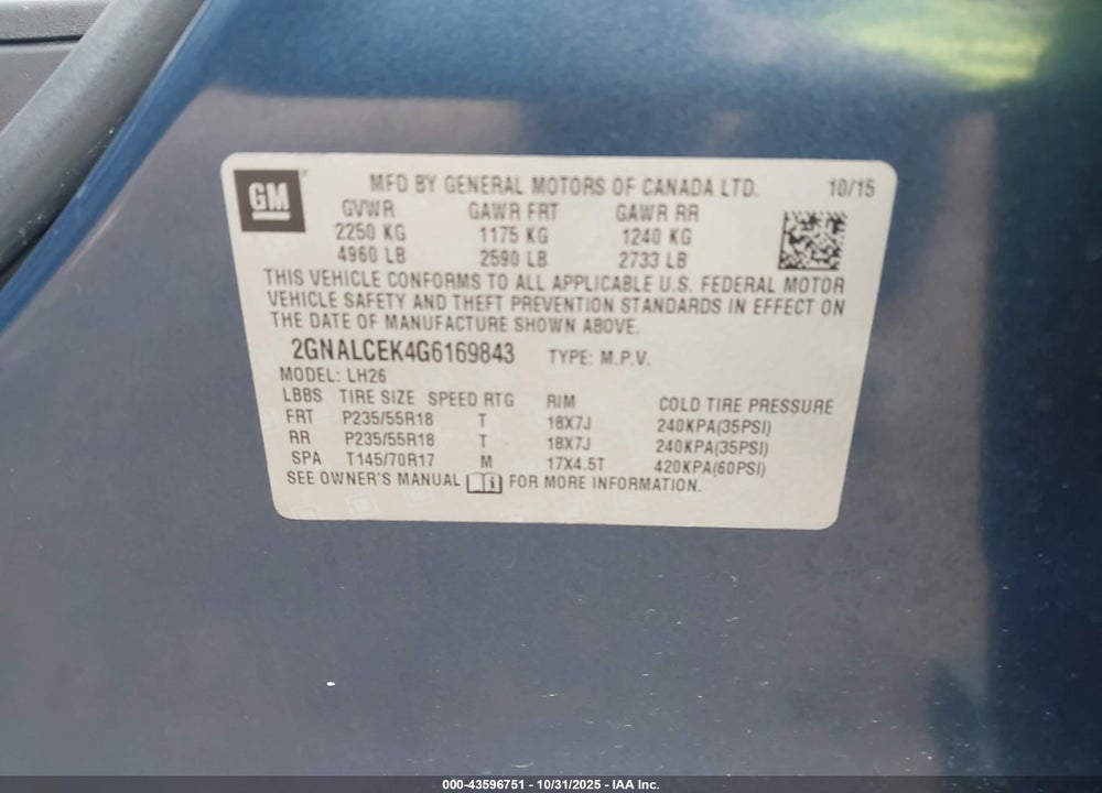 2016 CHEVROLET EQUINOX LT VIN: 2GNALCEK4G6169843
