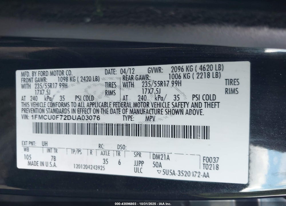 2013 FORD ESCAPE S VIN: 1FMCU0F72DUA03076