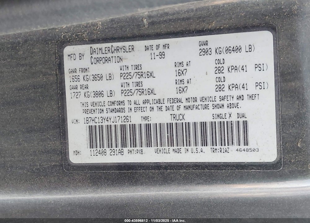 2000 DODGE RAM 1500 VIN: 1B7HC13Y4YJ171261