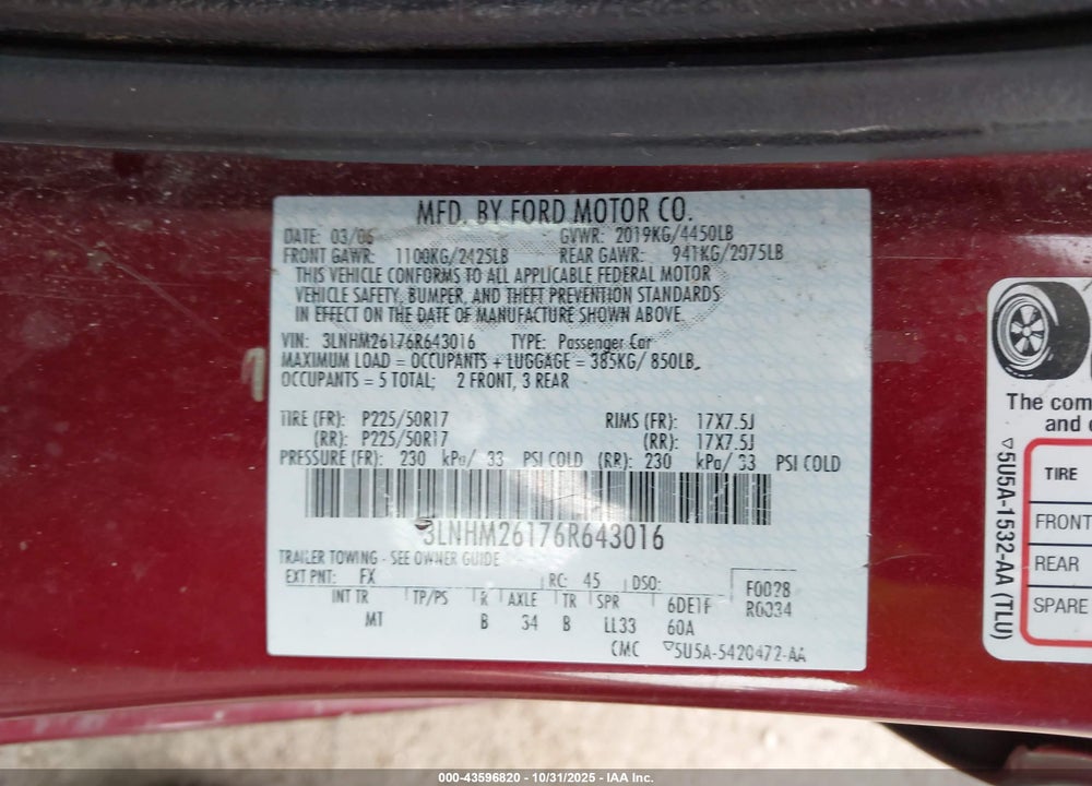 2006 LINCOLN ZEPHYR VIN: 3LNHM26176R643016