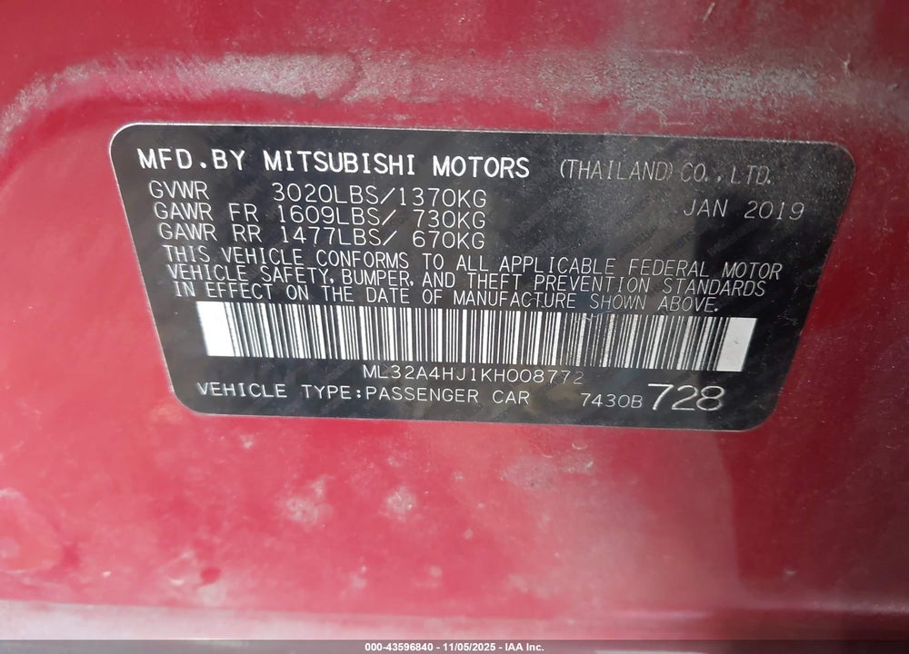 2019 MITSUBISHI MIRAGE VIN: ML32A4HJ1KH008772
