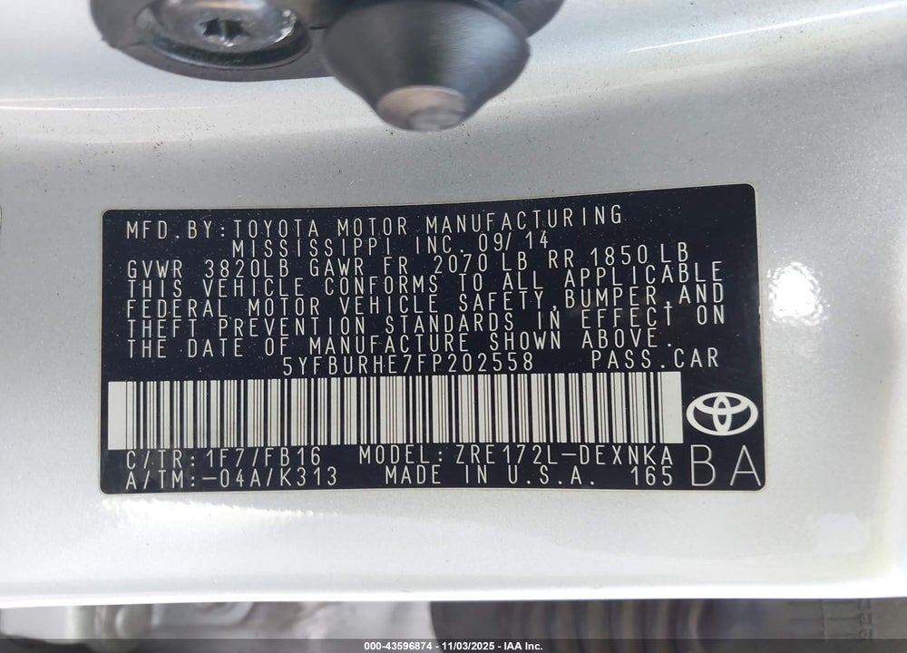2015 TOYOTA COROLLA LE PLUS VIN: 5YFBURHE7FP202558