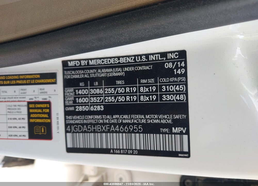 2015 MERCEDES-BENZ ML 350 4MATIC VIN: 4JGDA5HBXFA466955
