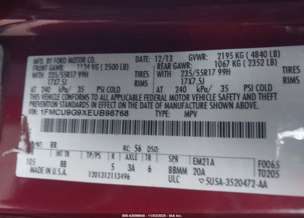 2014 FORD ESCAPE VIN: 1FMCU9G9XEUB98768