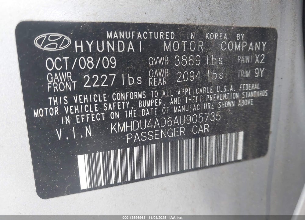 2010 HYUNDAI ELANTRA VIN: KMHDU4AD6AU905735