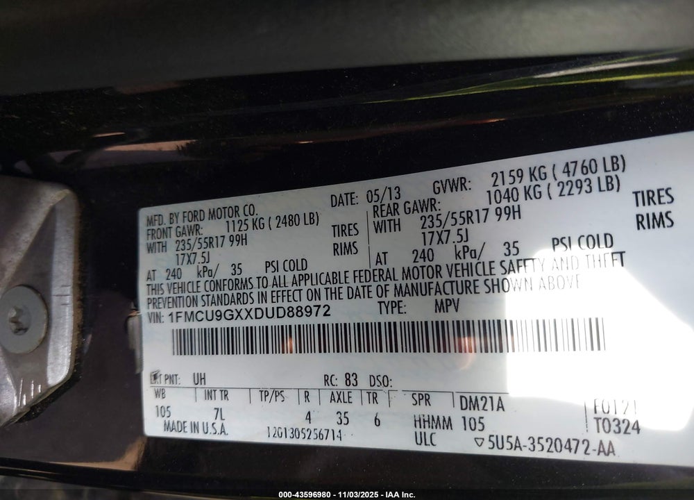 2013 FORD ESCAPE VIN: 1FMCU9GXXDUD88972