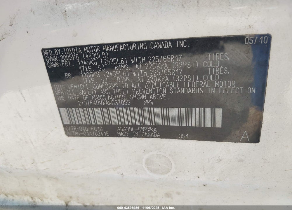 2010 TOYOTA RAV4 VIN: 2T3ZF4DVXAW037055