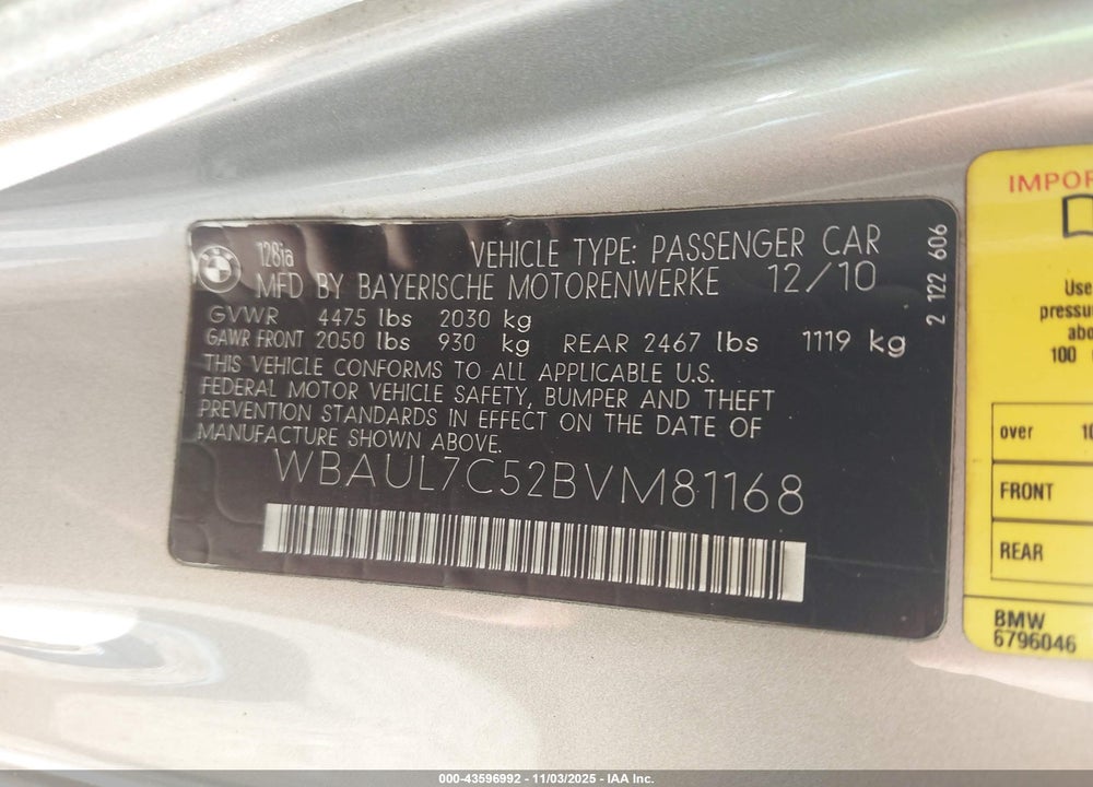 2011 BMW 128I VIN: WBAUL7C52BVM81168