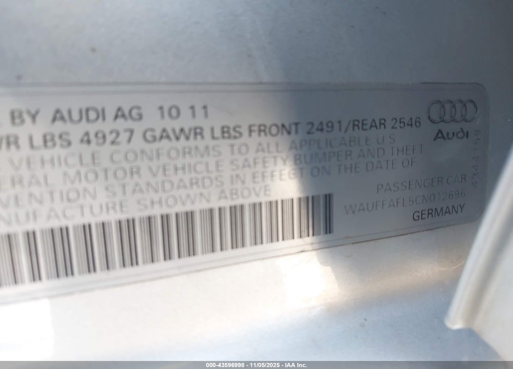 2012 AUDI A4 2.0T PREMIUM VIN: WAUFFAFL5CN012696