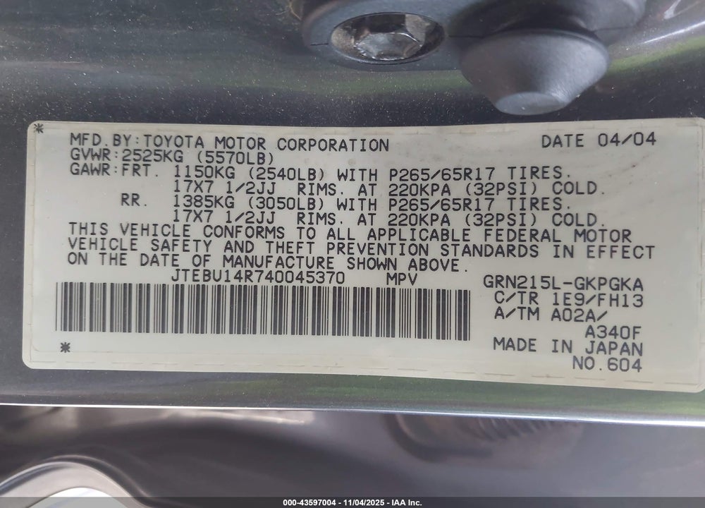 2004 TOYOTA 4RUNNER SR5 SPORT V6 VIN: JTEBU14R740045370