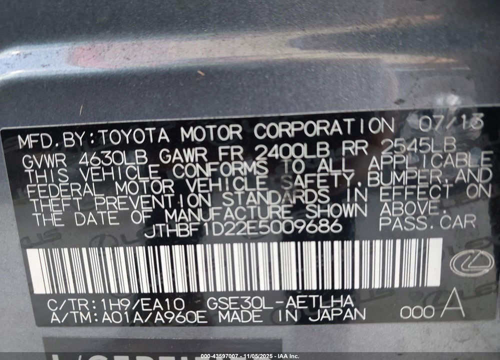 2014 LEXUS IS 250 VIN: JTHBF1D22E5009686