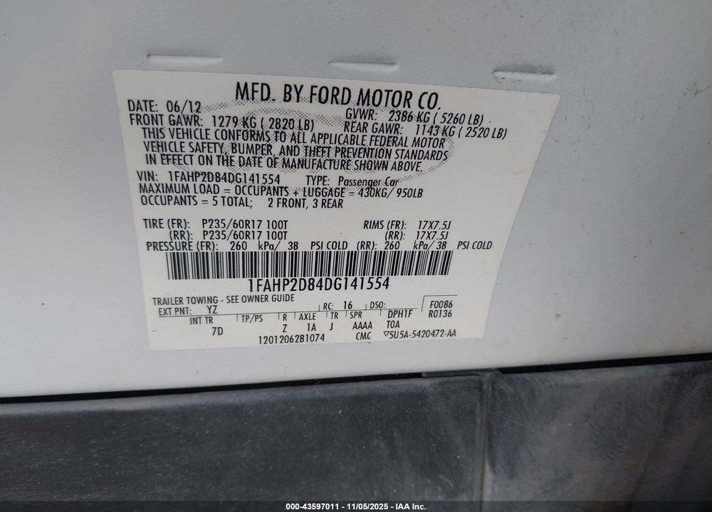 2013 FORD TAURUS SE VIN: 1FAHP2D84DG141554