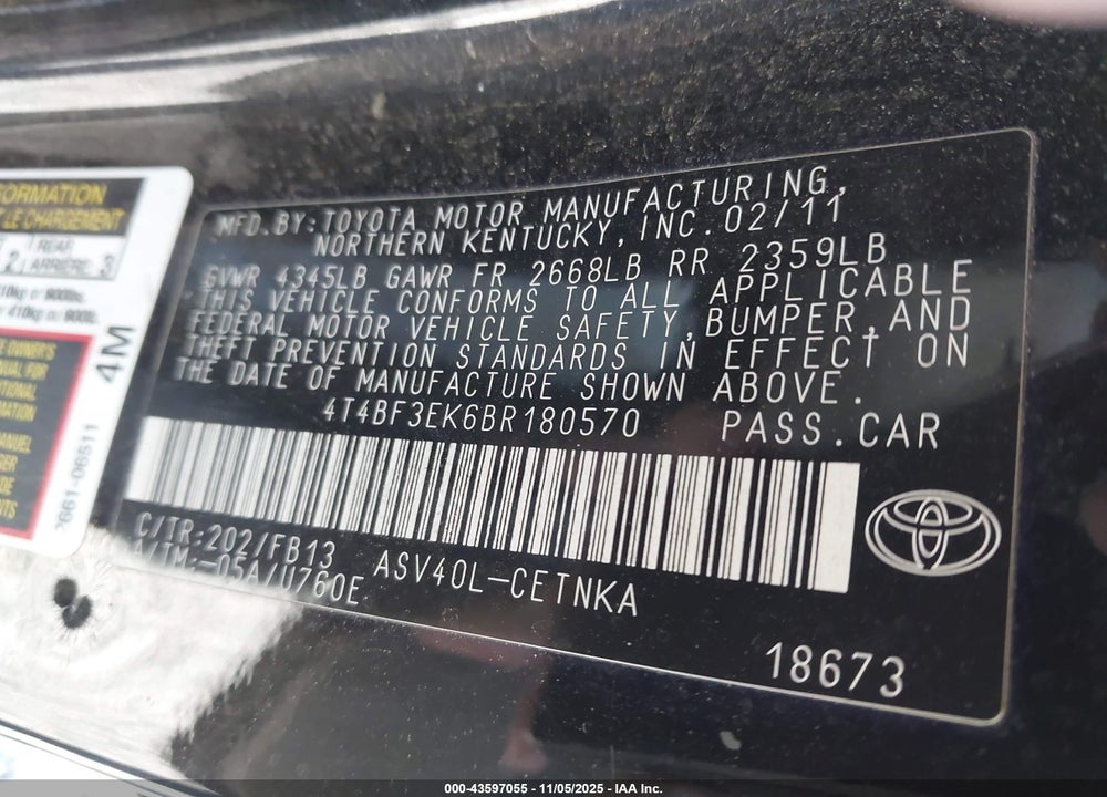 2011 TOYOTA CAMRY VIN: 4T4BF3EK6BR180570