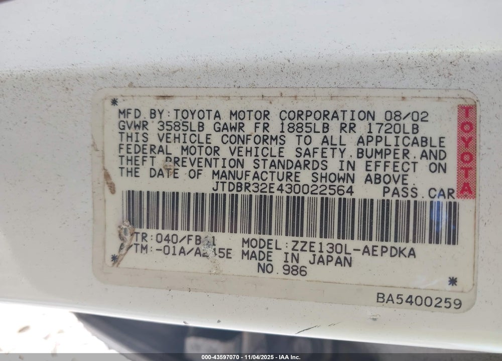 2003 TOYOTA COROLLA VIN: JTDBR32E430022564