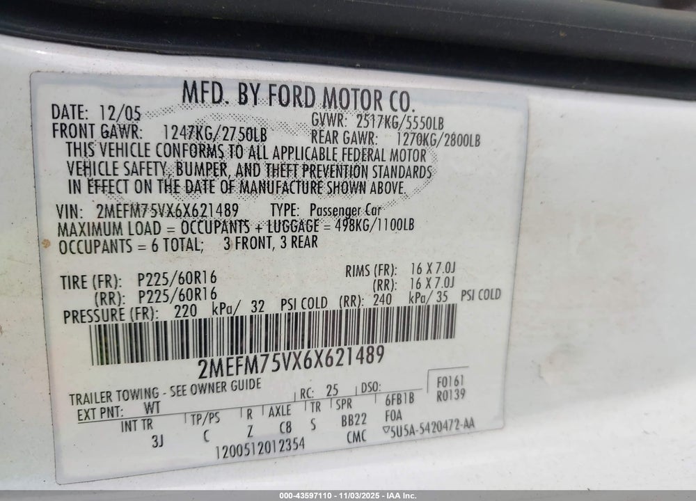 2006 MERCURY GRAND MARQUIS LS VIN: 2MEFM75VX6X621489