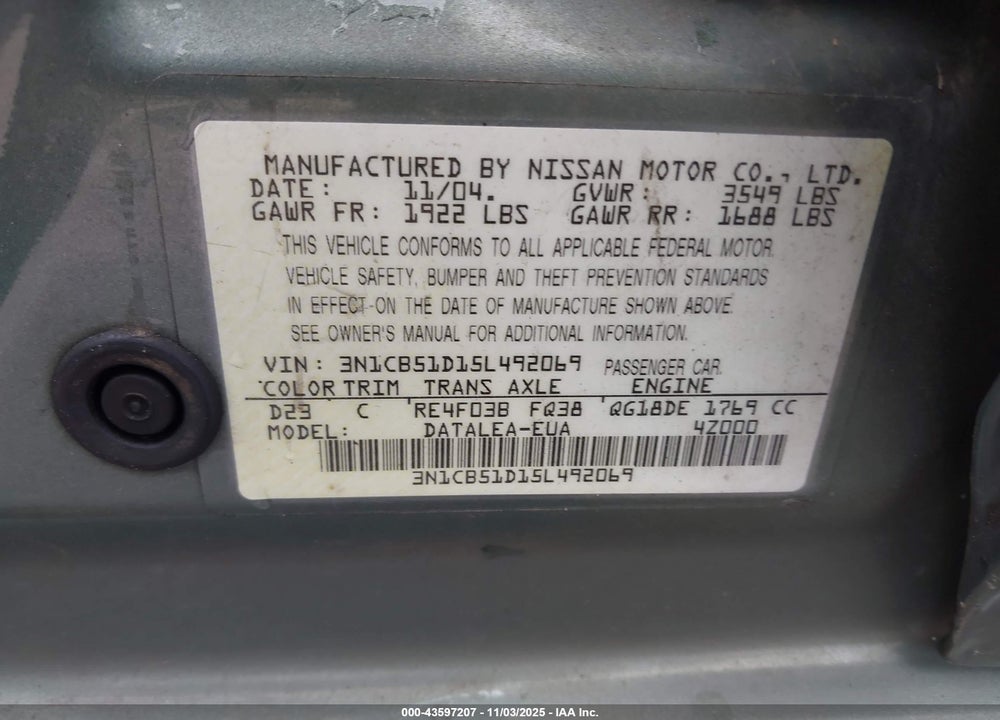 2005 NISSAN SENTRA 1.8S VIN: 3N1CB51D15L492069