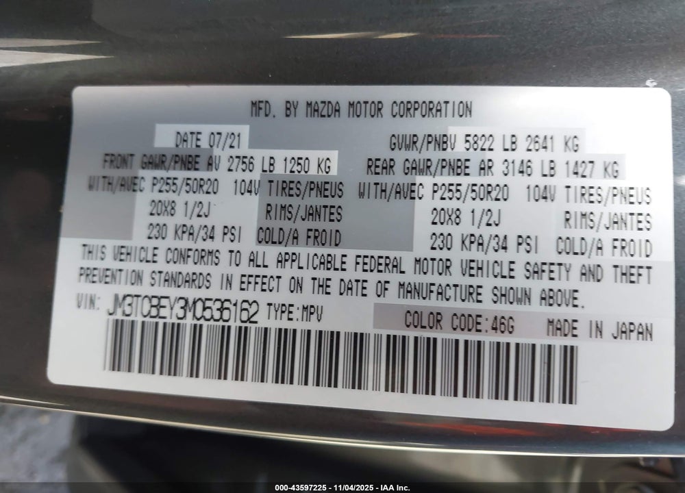 2021 MAZDA CX-9 VIN: JM3TCBEY3M0536162