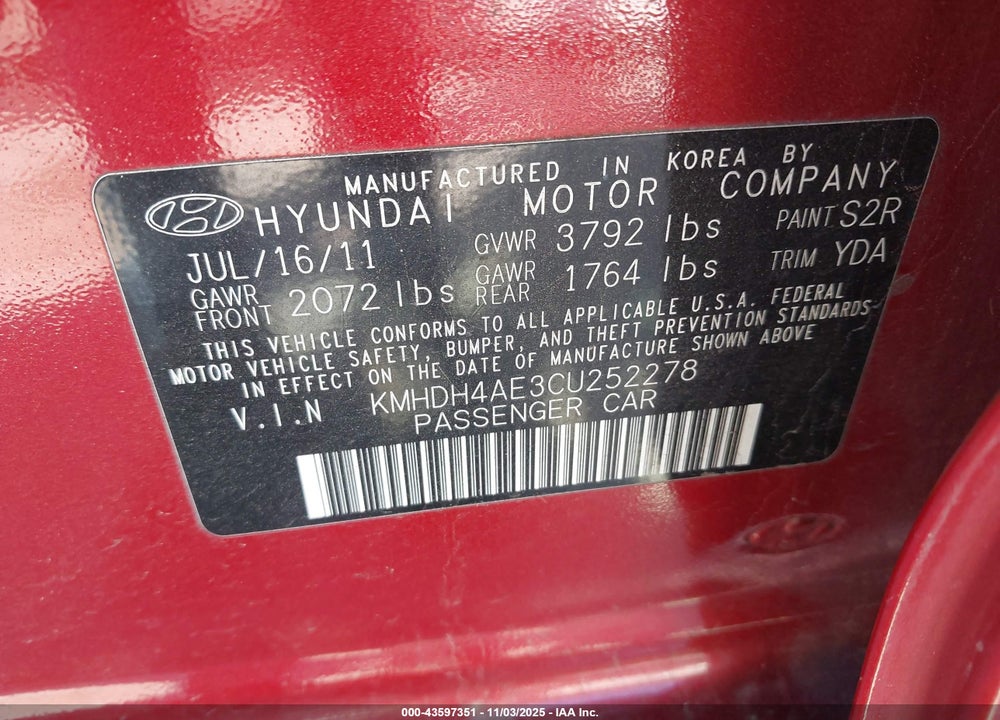 2012 HYUNDAI ELANTRA VIN: KMHDH4AE3CU252278