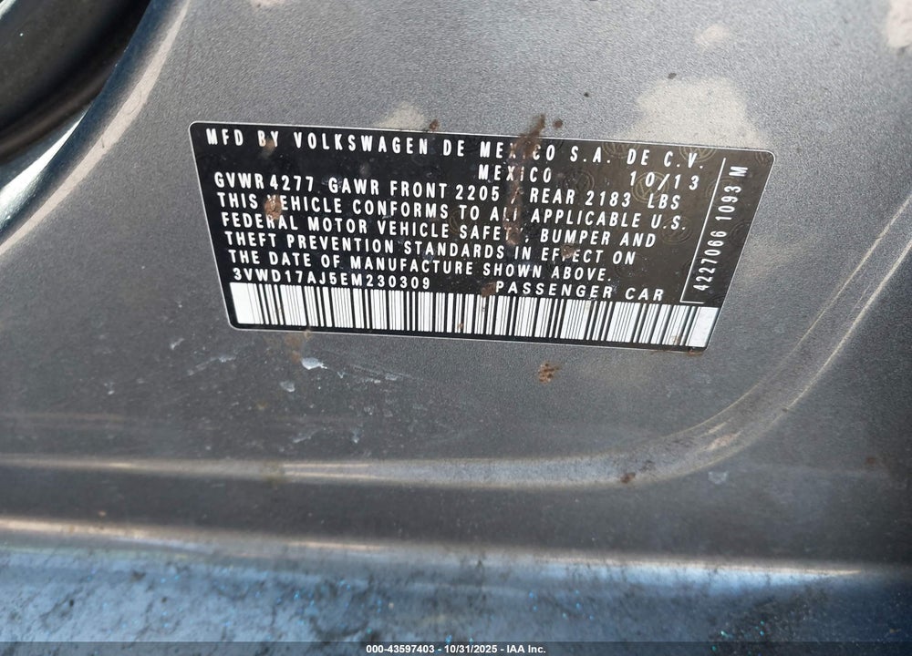 2014 VOLKSWAGEN JETTA VIN: 3VWD17AJ5EM230309