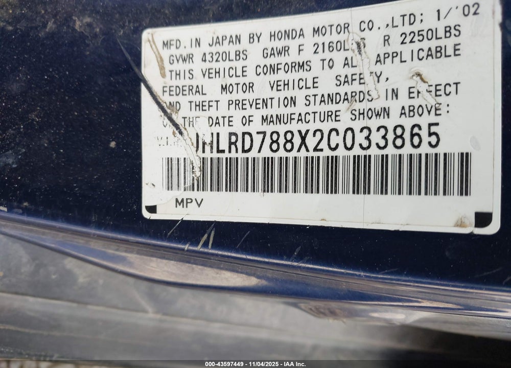 2002 HONDA CR-V EX VIN: JHLRD788X2C033865