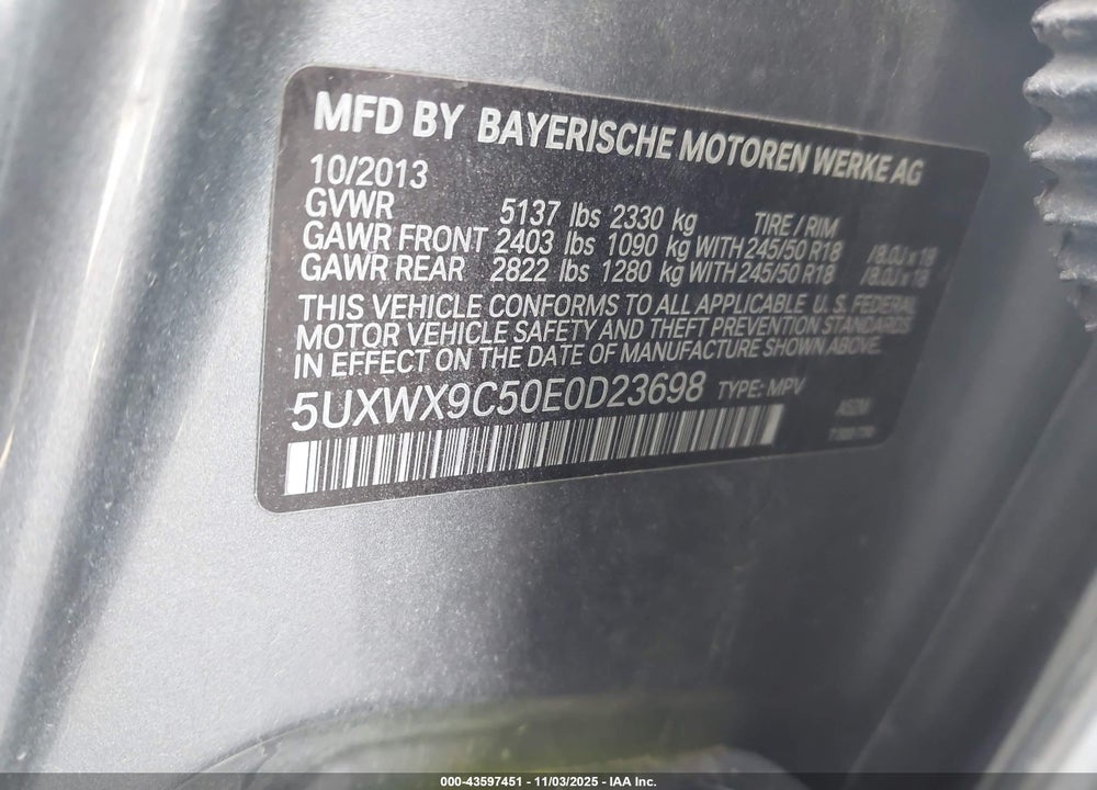 2014 BMW X3 XDRIVE28I VIN: 5UXWX9C50E0D23698