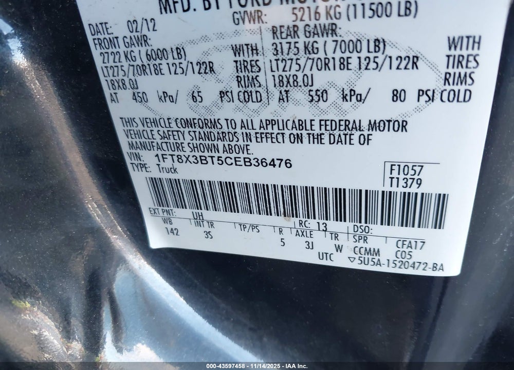 2012 FORD F-350 XLT VIN: 1FT8X3BT5CEB36476
