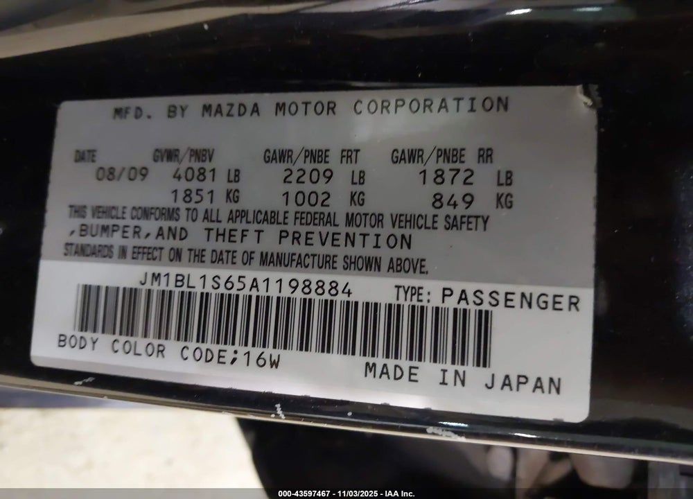 2010 MAZDA 3 S SPORT VIN: JM1BL1S65A1198884