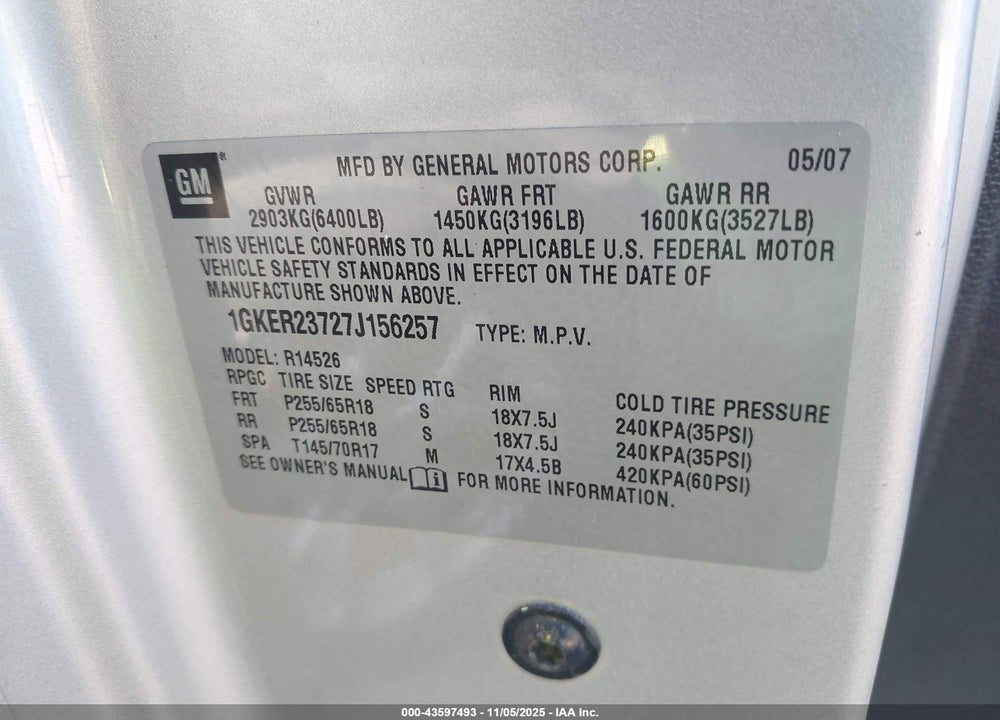 2007 GMC ACADIA SLT-1 VIN: 1GKER23727J156257