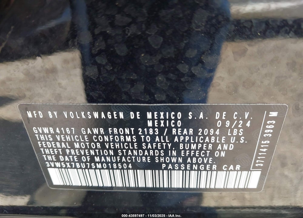 2025 VOLKSWAGEN JETTA 1.5T S VIN: 3VW5X7BU7SM018504