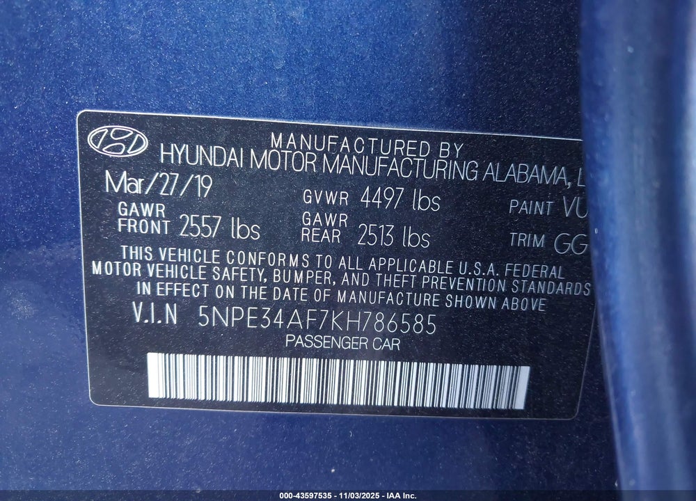 2019 HYUNDAI SONATA LIMITED VIN: 5NPE34AF7KH786585