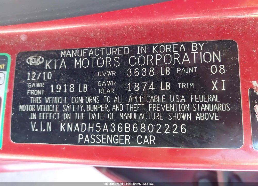 2011 KIA RIO VIN: KNADH5A36B6802226