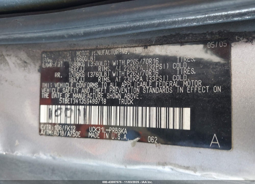 2005 TOYOTA TUNDRA SR5 V8 VIN: 5TBET34135S489718