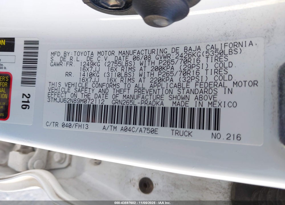 2009 TOYOTA TACOMA PRERUNNER V6 VIN: 3TMJU62N89M072112