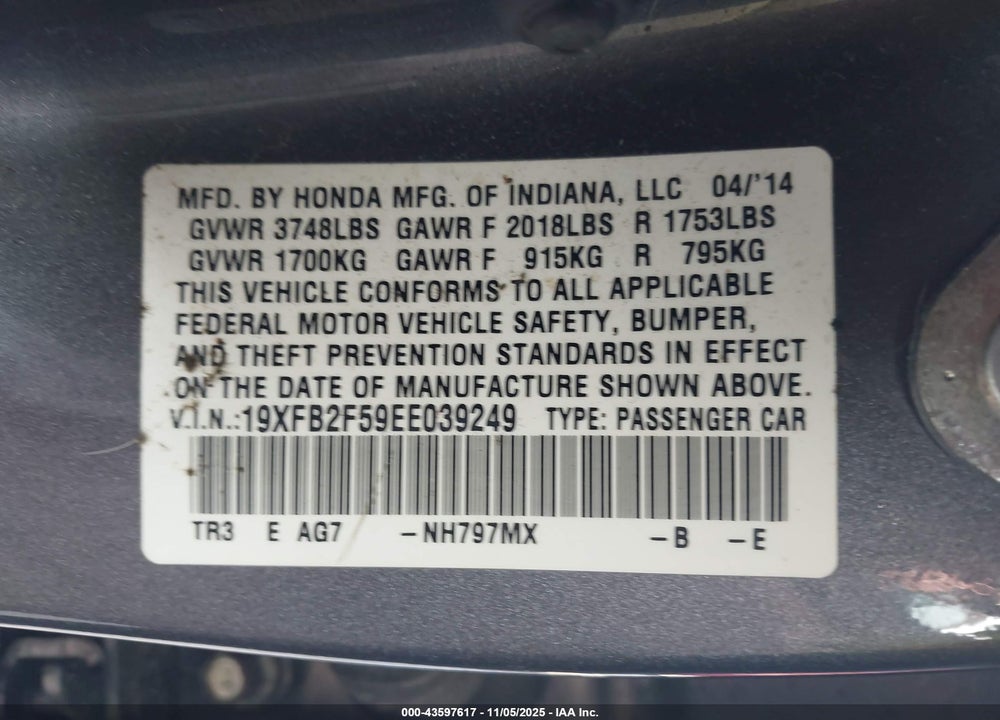 2014 HONDA CIVIC LX VIN: 19XFB2F59EE039249