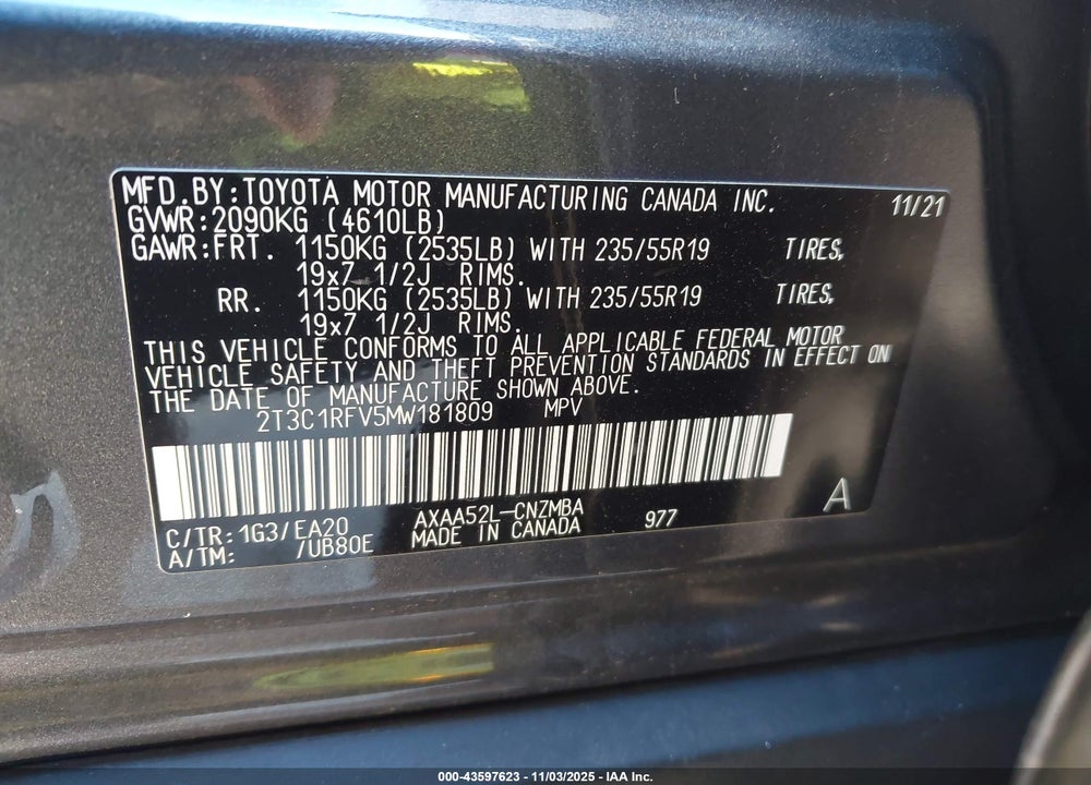 2021 TOYOTA RAV4 XLE PREMIUM VIN: 2T3C1RFV5MW181809