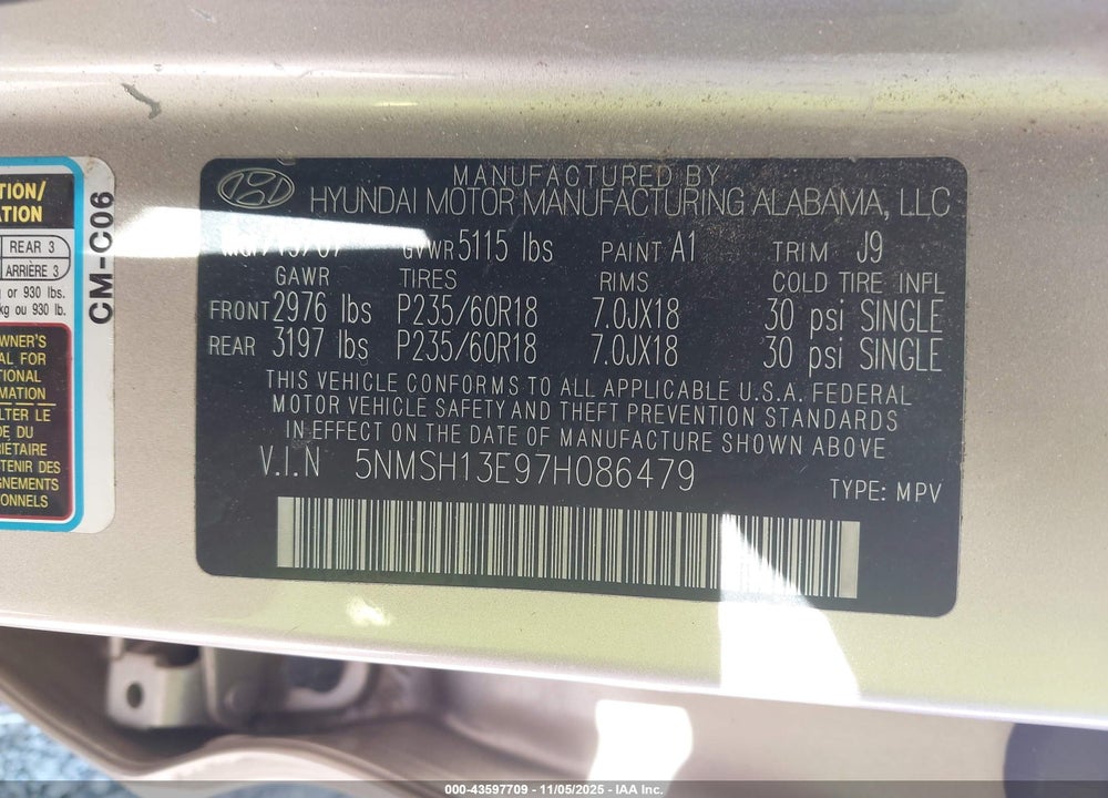 2007 HYUNDAI SANTA FE LIMITED/SE VIN: 5NMSH13E97H086479
