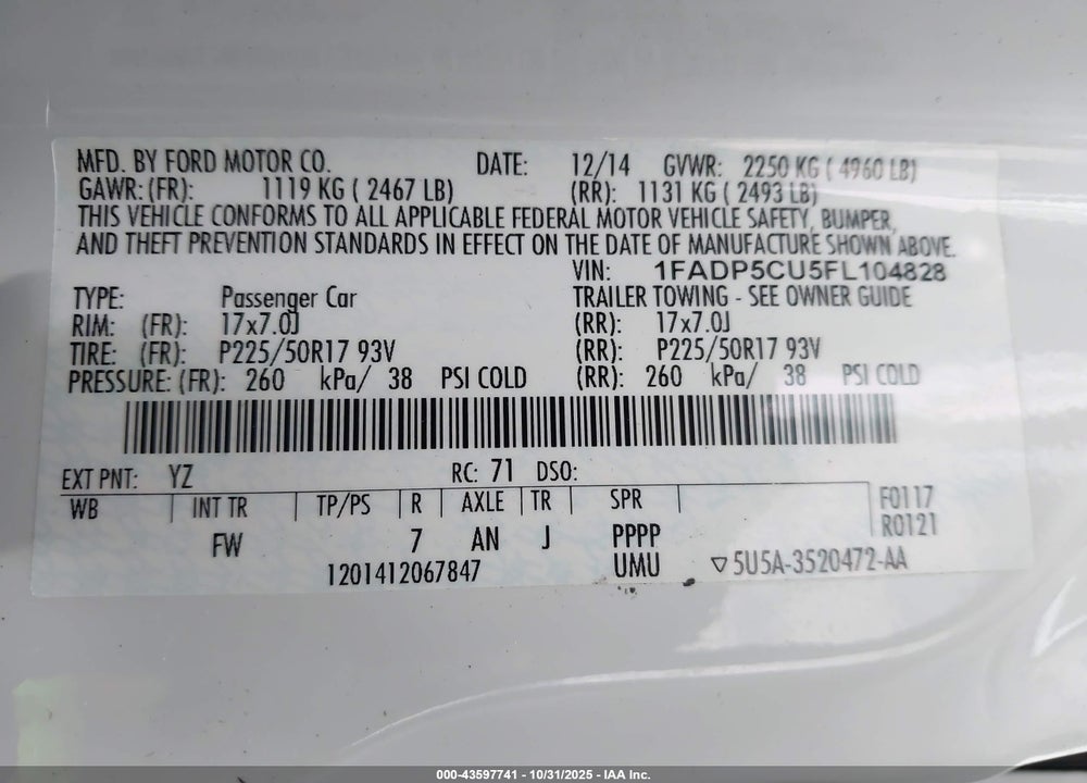 2015 FORD C-MAX VIN: 1FADP5CU5FL104828