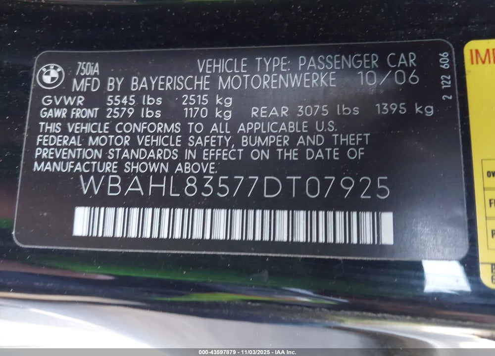 2007 BMW 750I VIN: WBAHL83577DT07925