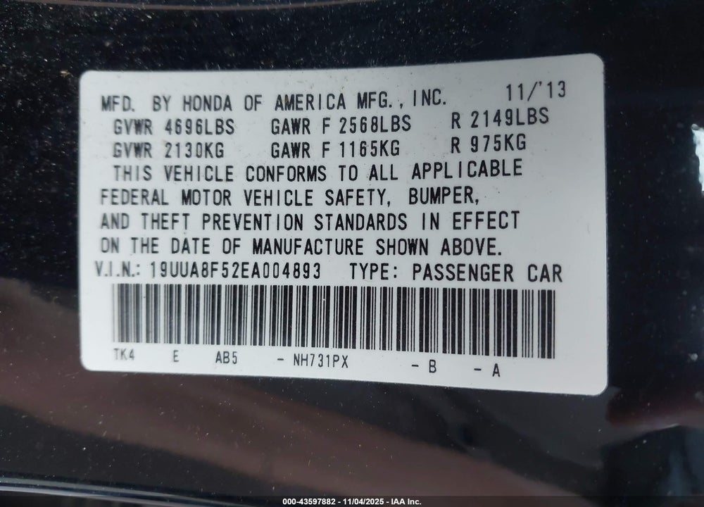 2014 ACURA TL VIN: 19UUA8F52EA004893