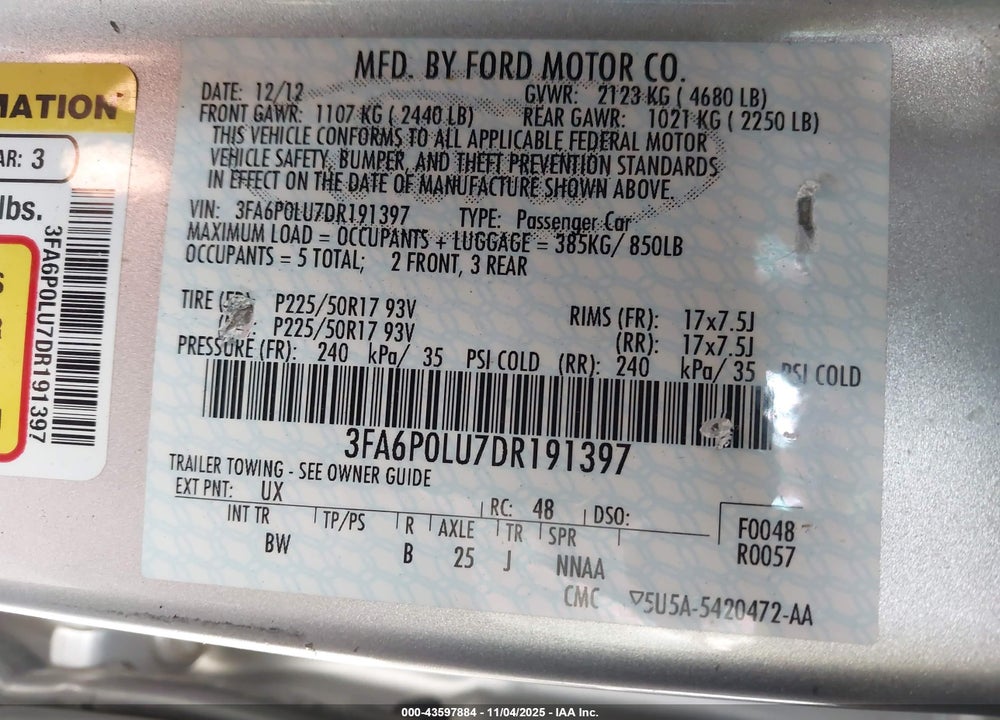 2013 FORD FUSION VIN: 3FA6P0LU7DR191397