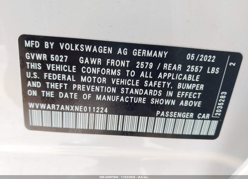 2022 VOLKSWAGEN ARTEON 2.0T SEL R-LINE VIN: WVWAR7ANXNE011224