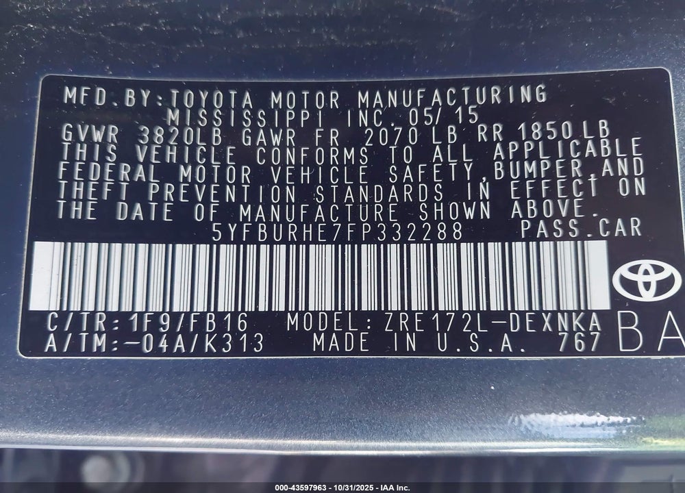 2015 TOYOTA COROLLA LE PLUS VIN: 5YFBURHE7FP332288
